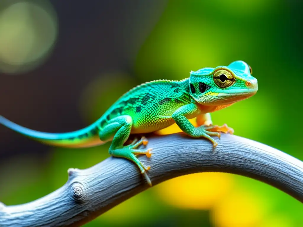 Una cría de reptil con escamas verdes vibrantes y ojos curiosos, baskándose bajo luz UVB