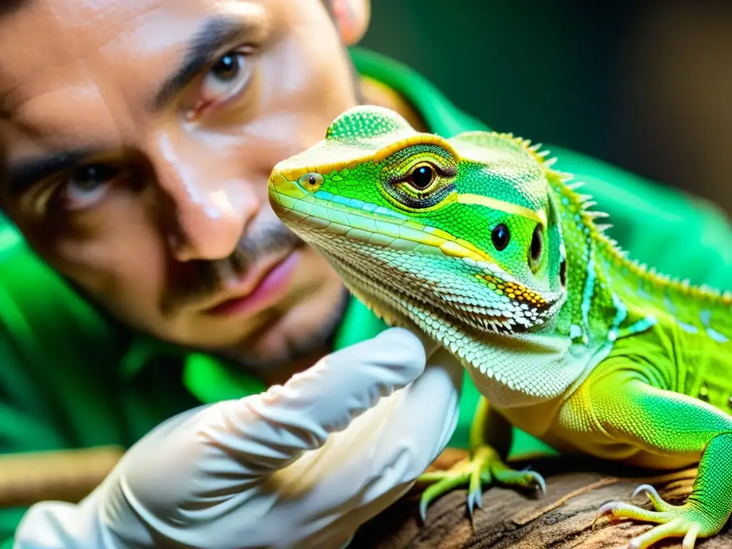 Un criador de lagartos ético examina con cuidado las escamas y los patrones de color de un vibrante lagarto verde