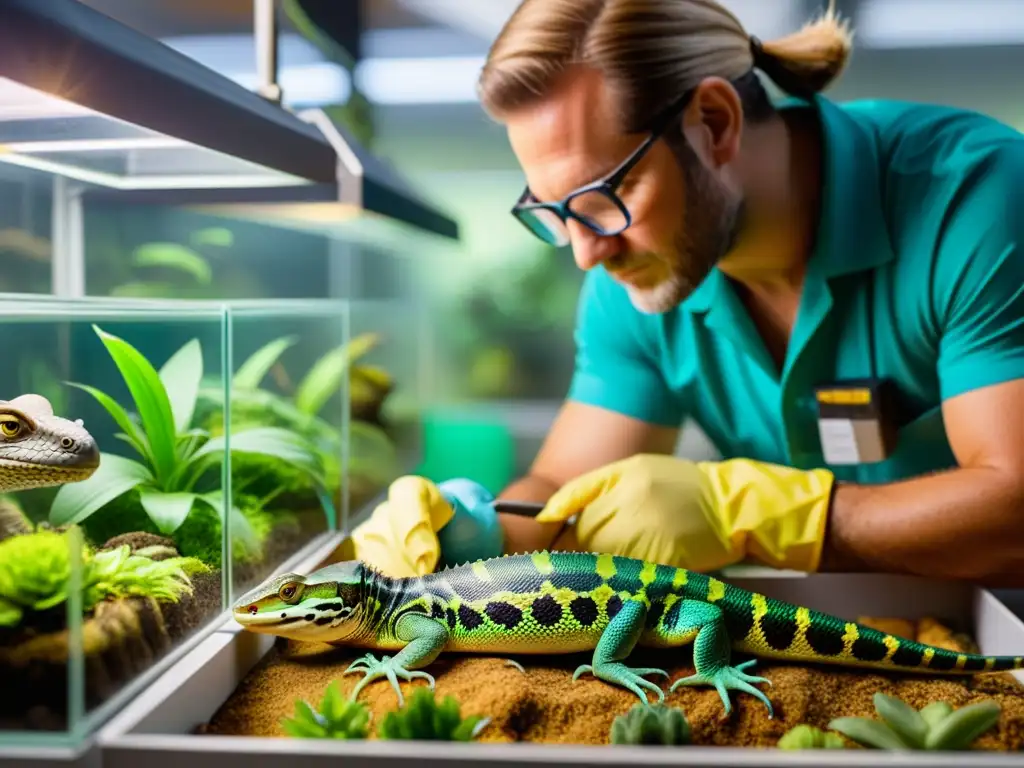 Un criador de reptiles examina con cuidado ejemplares coloridos y patrones bajo una luz brillante