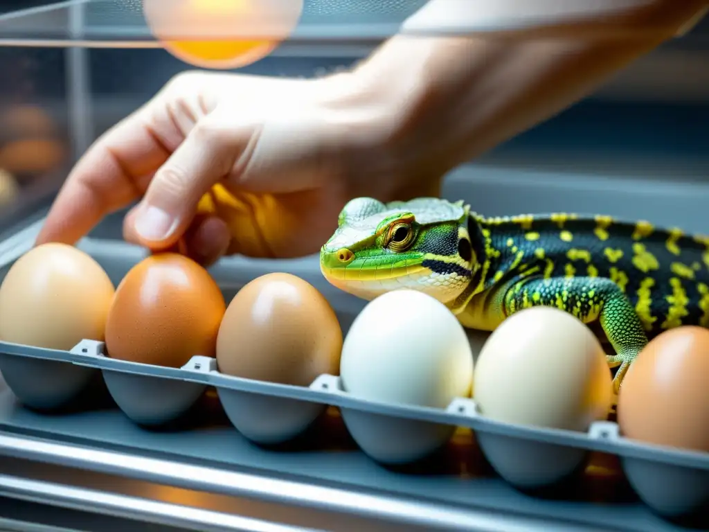 Un criador de reptiles examina con cuidado los huevos en un incubador, mostrando la ética y la ciencia en la reproducción de reptiles en cautiverio