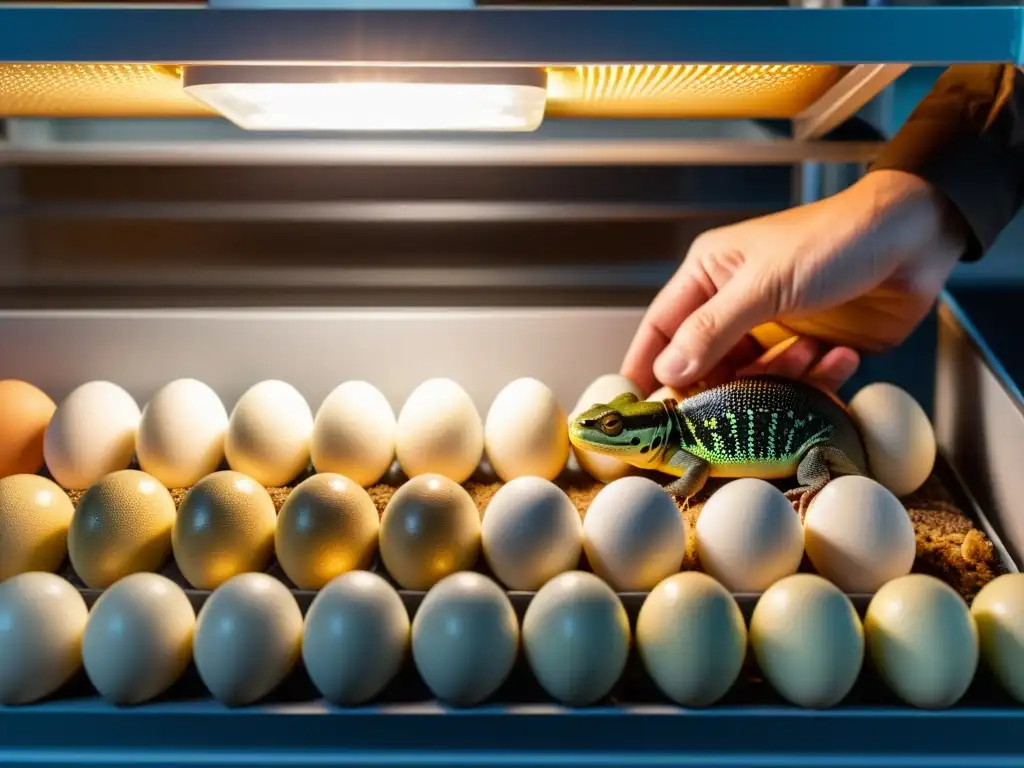 Un criador de reptiles examina con cuidado huevos en un incubadora