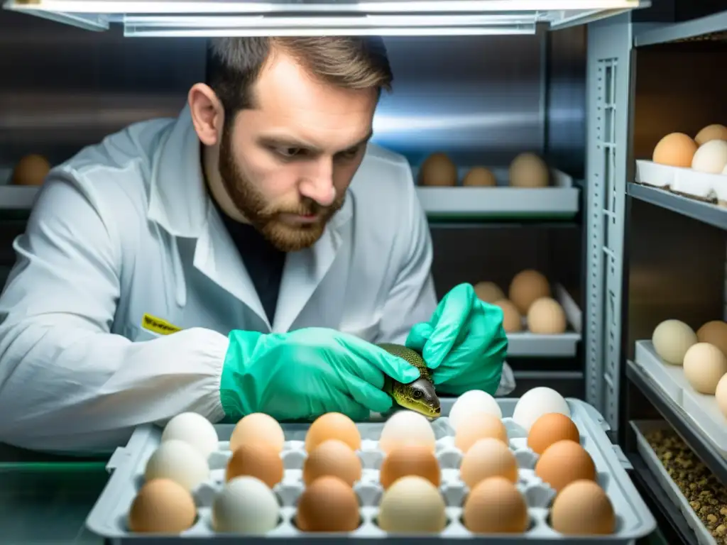 Un criador de reptiles examina con cuidado una incubadora de huevos, destacando la ética y responsabilidad en la cría de reptiles