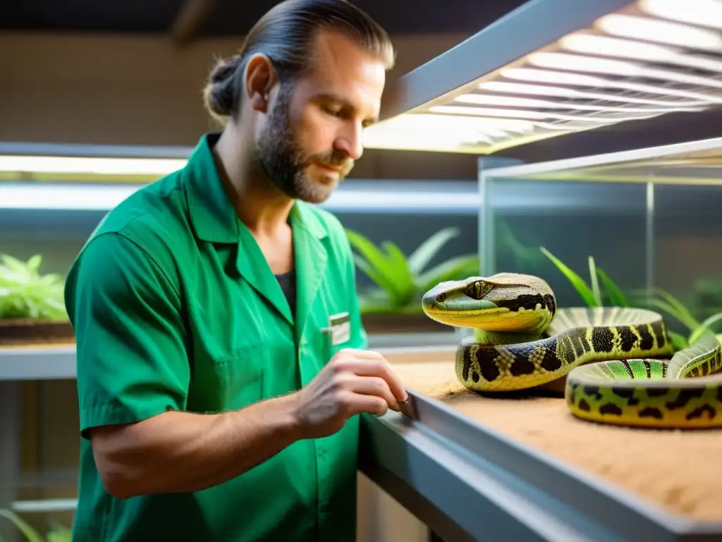 Un criador de reptiles examina con dedicación las condiciones de vida de reptiles exóticos