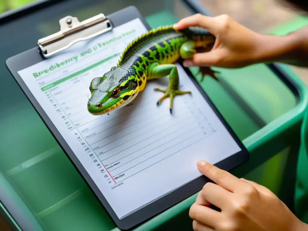 Un criador de reptiles registra con precisión la temperatura, humedad y alimentación en sus cuidadas instalaciones