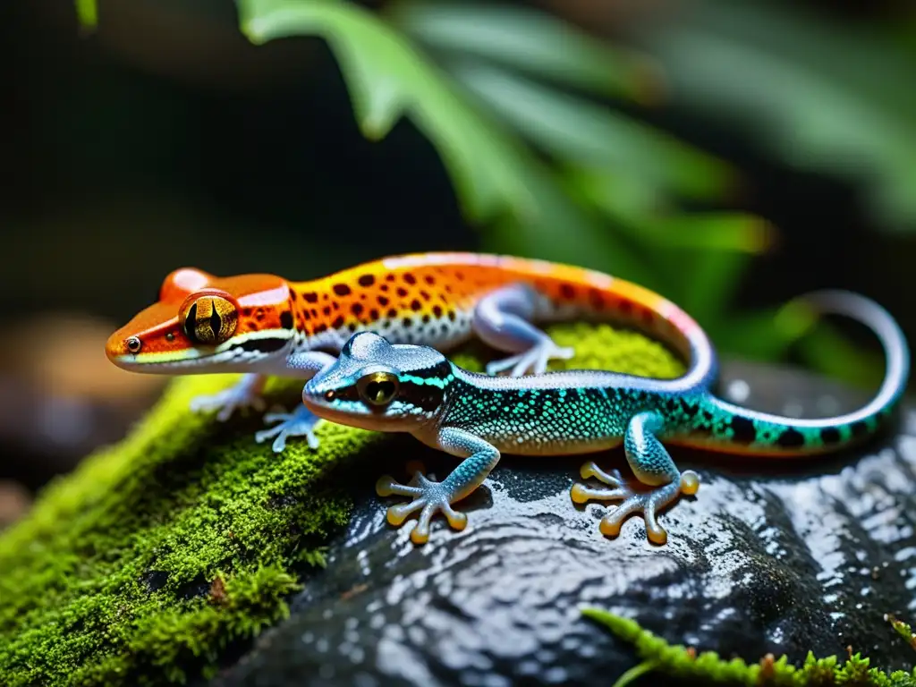 Dos criaturas misteriosas, un gecko vibrante y una salamandra elegante descansando en una roca cubierta de musgo, iluminadas por la suave luz natural