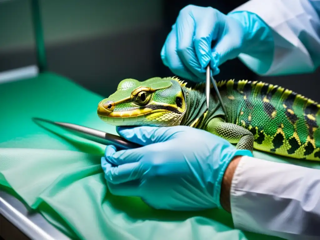 Extracción de cuerpos extraños en reptiles: Imagen de procedimiento médico delicado y profesional en un reptil