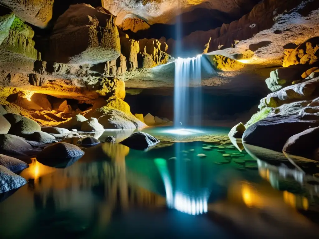 Una cueva húmeda y oscura con formaciones rocosas, un pequeño lago y anfibios ciegos