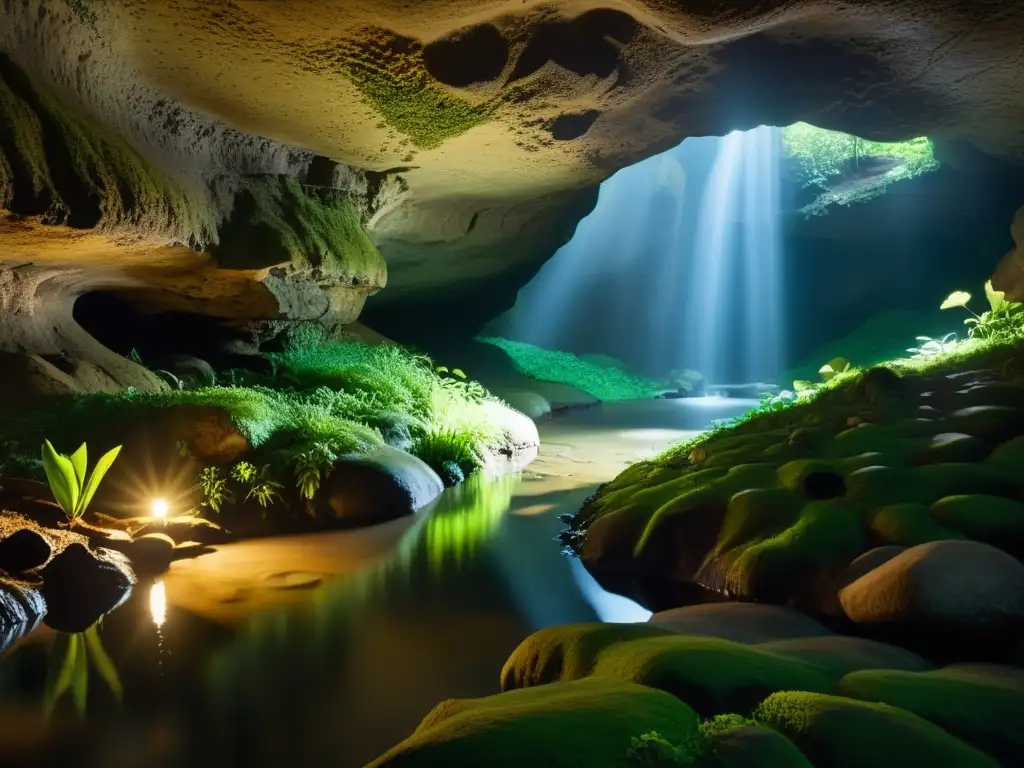 Una cueva subterránea oscura con arroyo