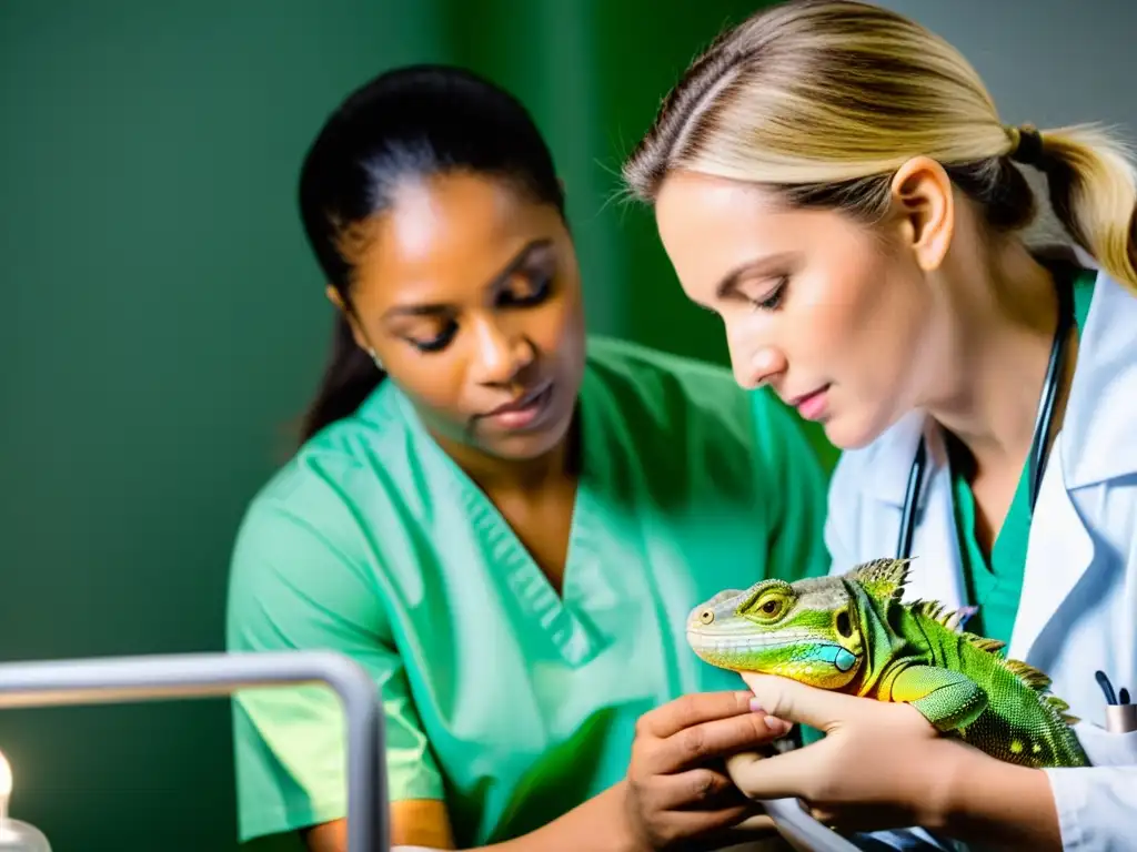 Veterinario examina con cuidado el corazón de una iguana con enfermedad cardíaca, mostrando intensa concentración y expertise en el tratamiento