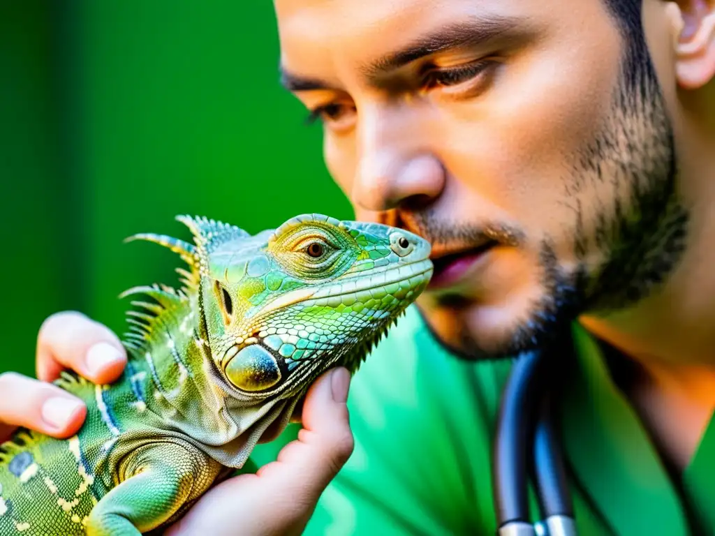 Veterinario examina con cuidado el corazón de un iguana verde, mostrando profesionalismo y atención en cuidados reptiles enfermedades cardíacas