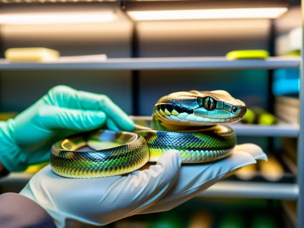 Veterinario examina con cuidado las escamas iridiscentes de una serpiente