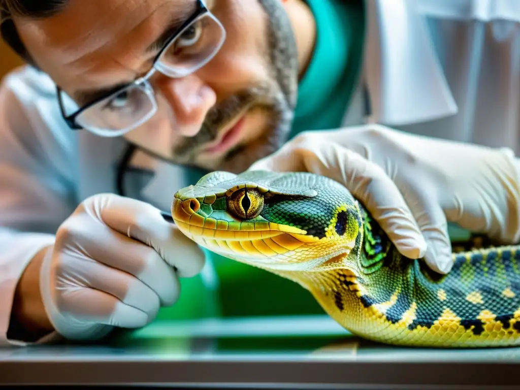 Veterinario examina con cuidado las escamas de una serpiente enferma en clínica veterinaria