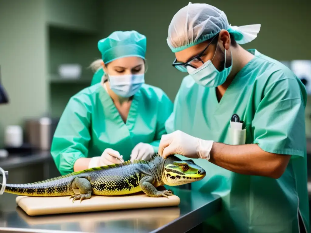 Veterinario examina con cuidado la extremidad amputada de un reptil, resaltando el cuidado y rehabilitación postquirúrgica de reptiles