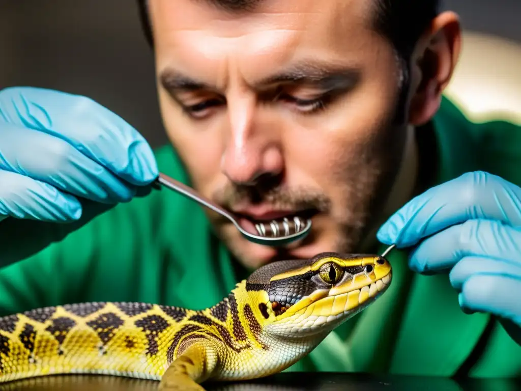 Veterinario extrae con cuidado objeto extraño de la boca de reptil, destacando la delicadeza en la extracción cuerpos extraños reptiles