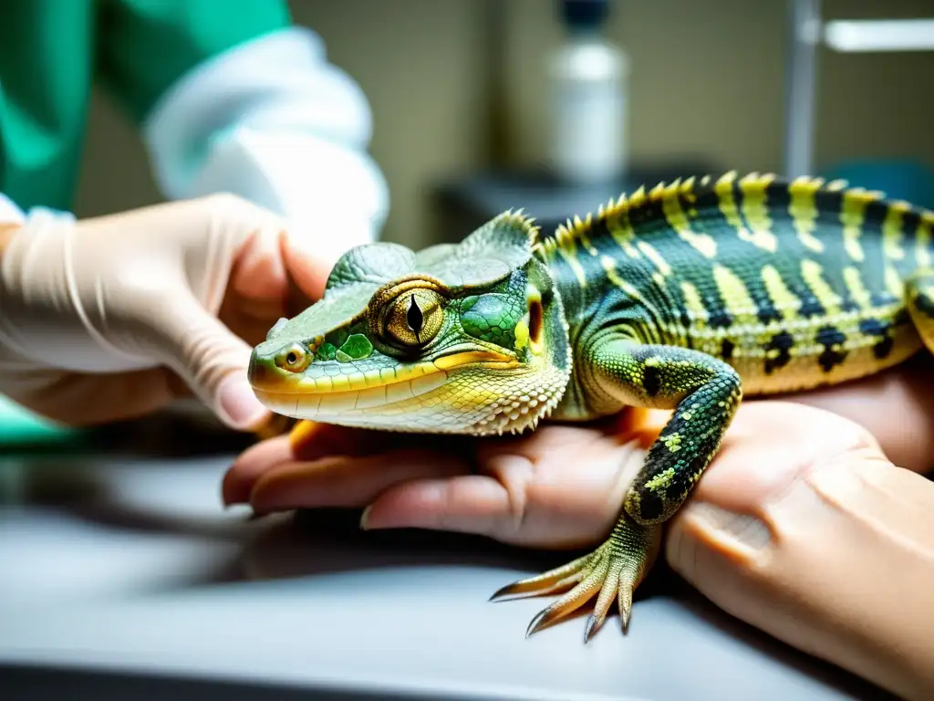 Veterinario examina con cuidado a reptil desnutrido