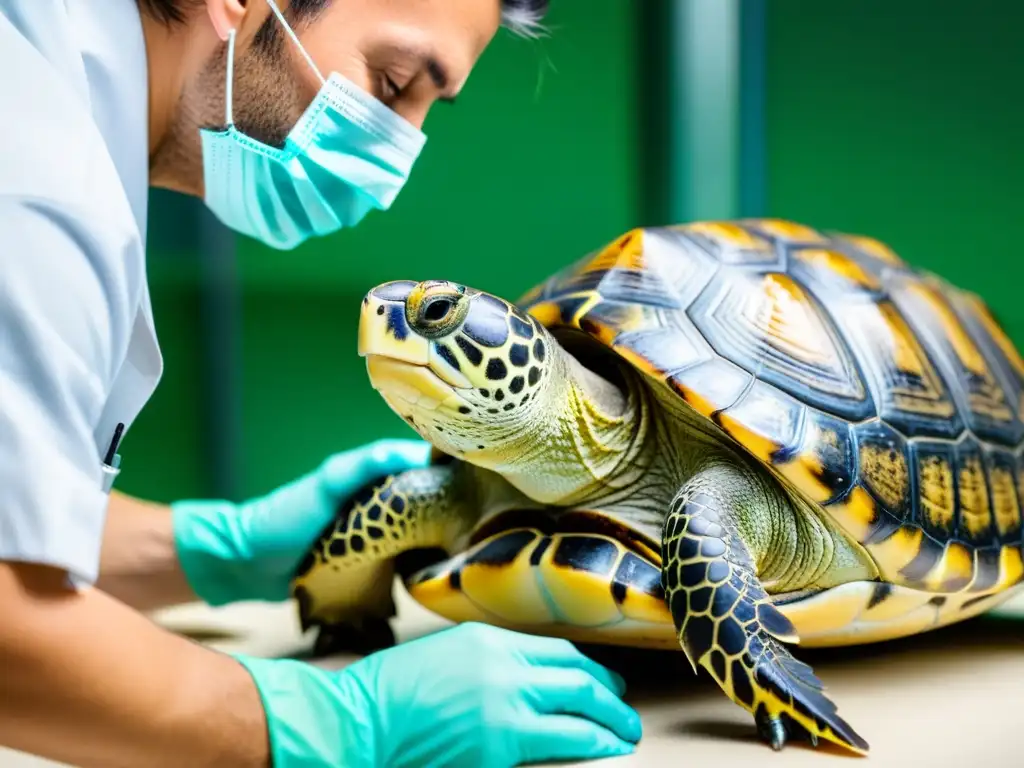 Veterinario examina con cuidado a una tortuga, buscando signos de insuficiencia renal