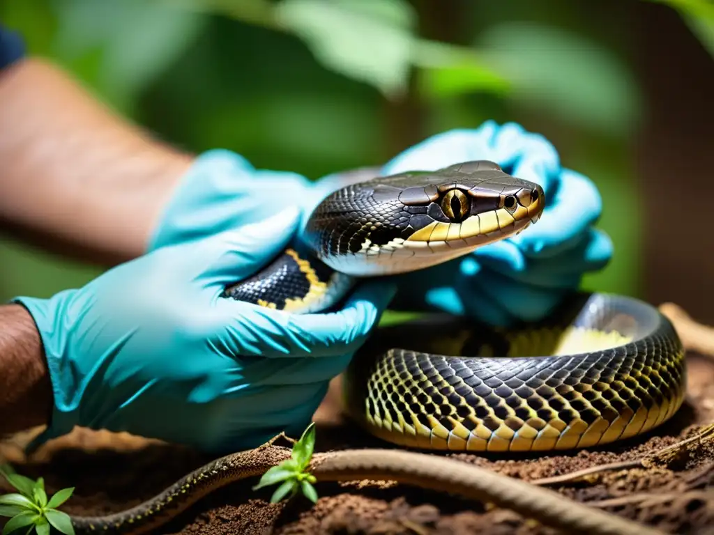 Un cuidador maneja con cautela una serpiente venenosa, destacando la delicada armonía entre precaución y cuidado