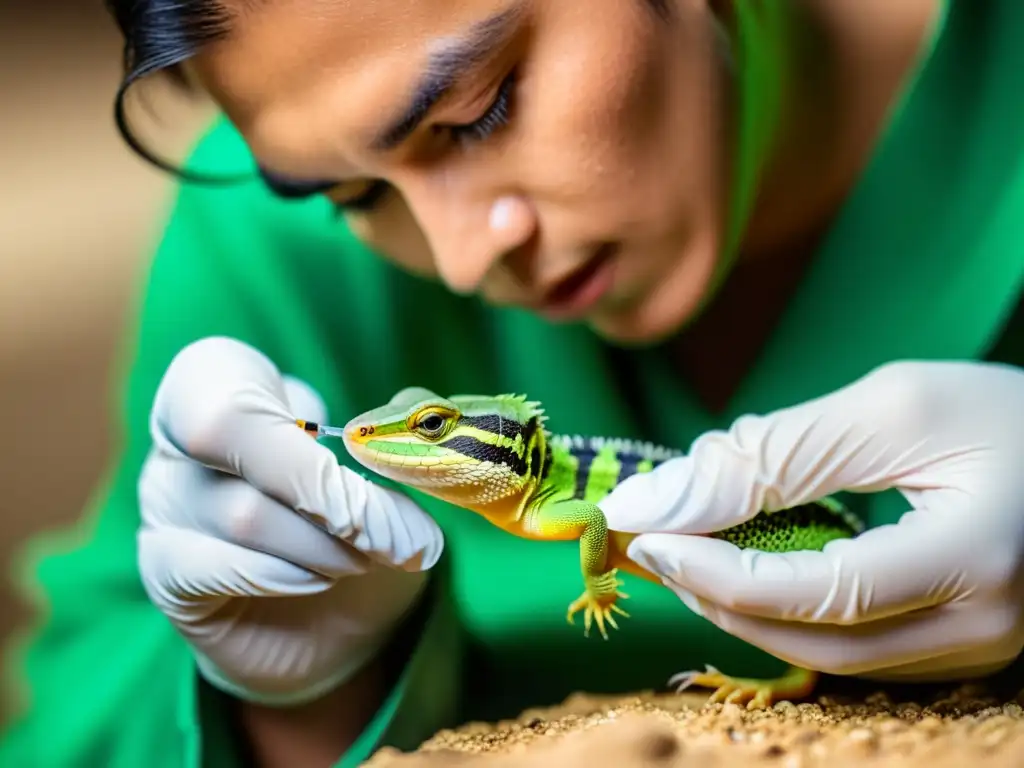 Alimentando a neonato reptil con cuidado Un cuidador alimenta con cuidado a una cría de reptil con una jeringa, destacando el cuidado neonatal en reptiles en cautiverio