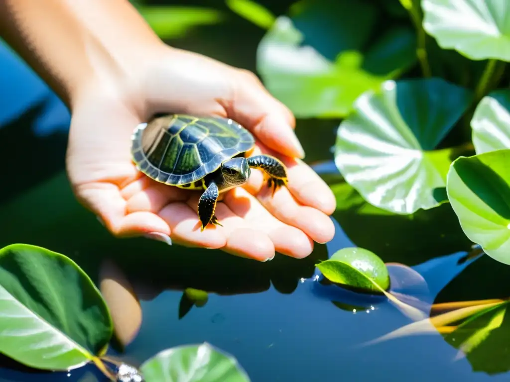 Un cuidador libera con cuidado una cría de tortuga en su hábitat natural, rodeada de exuberante vegetación