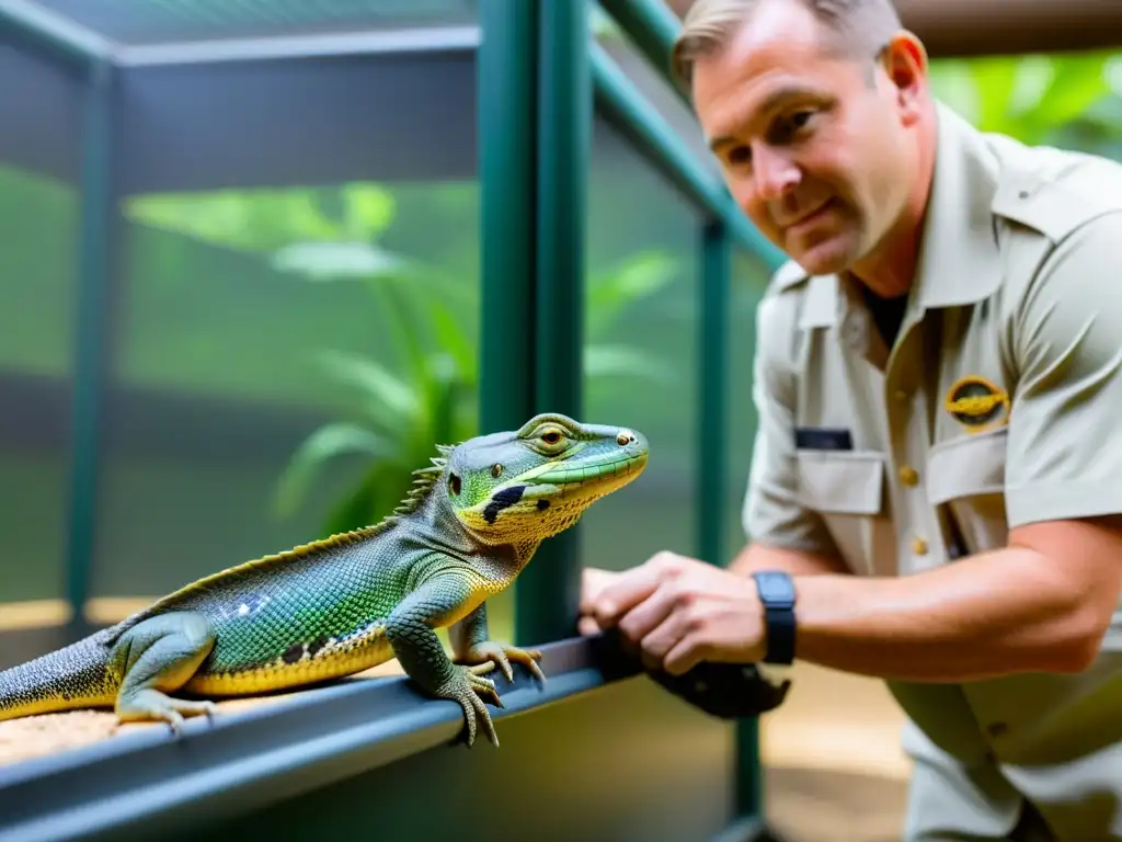 Un cuidador libera con cuidado una especie de reptil en un hábitat natural en un zoológico