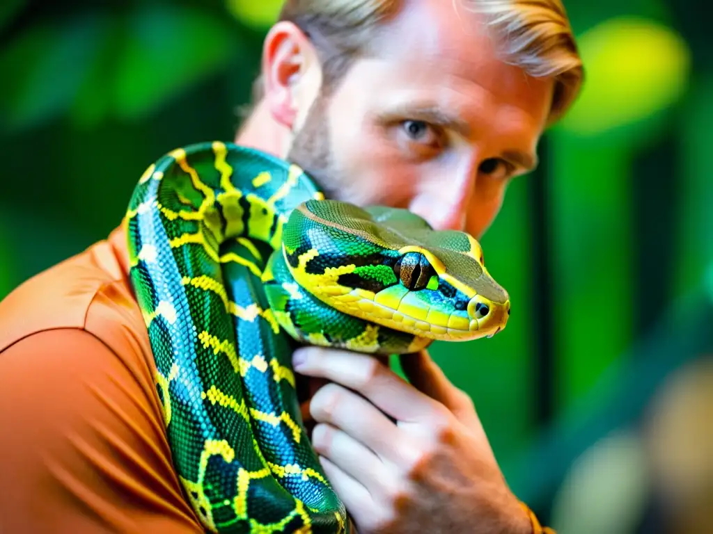 Un cuidador de zoológico maneja con cuidado una serpiente pitón verde en un ambiente naturalista