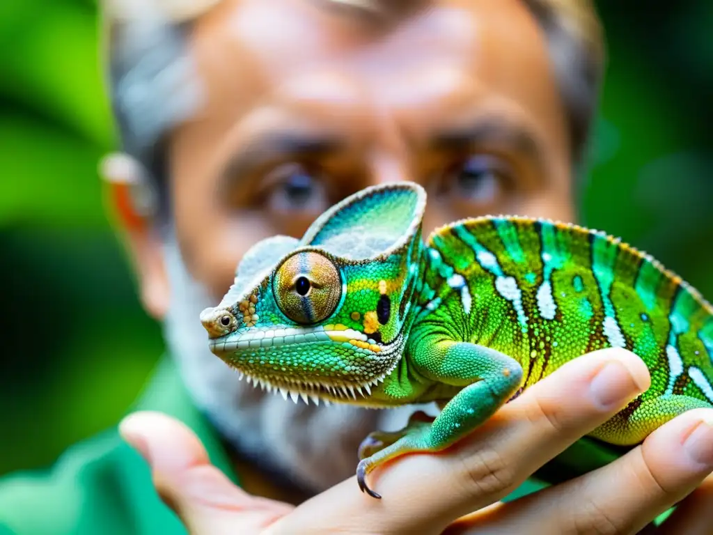 Un cuidador sostiene con delicadeza un camaleón verde mientras examina sus detalles, mostrando un manejo ético de reptiles legislación