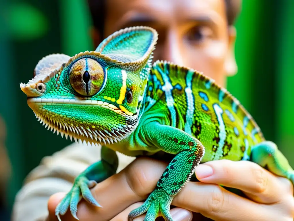 Un cuidador sostiene con delicadeza un camaleón verde vibrante, mostrando la socialización de reptiles en cautiverio