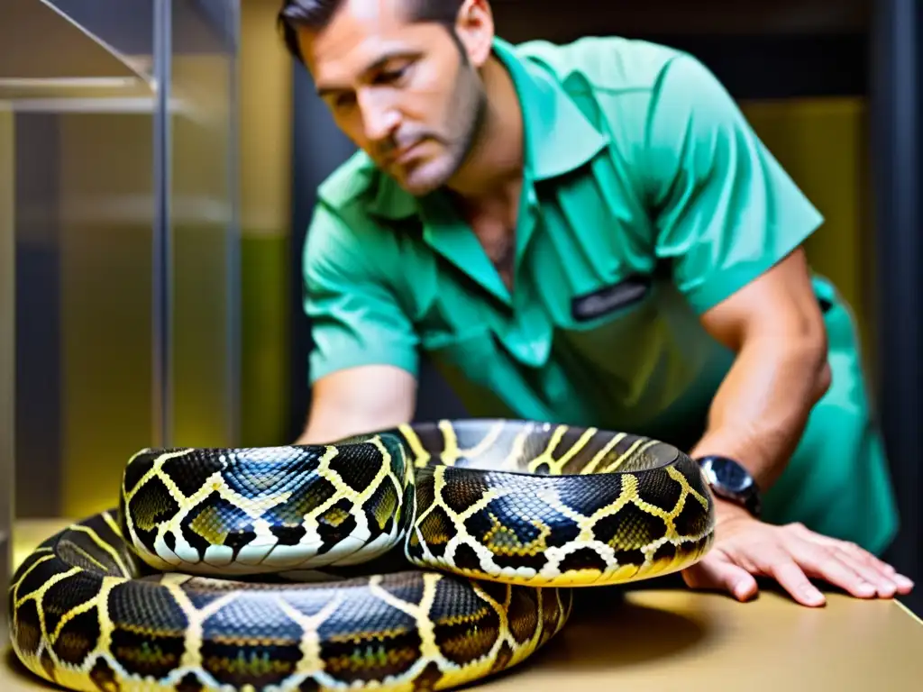 Un cuidador de zoológico examina detenidamente las escamas de una hermosa pitón en un área especializada para reptiles