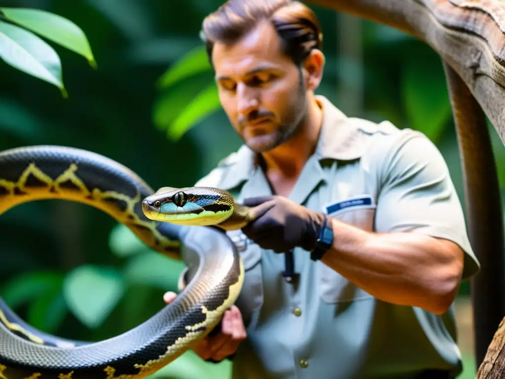 Un cuidador examina detenidamente las escamas de una serpiente majestuosa en su hábitat