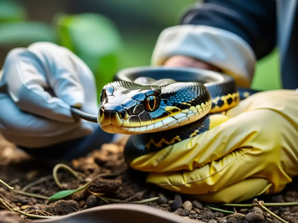 Un cuidador experto maneja con cautela una serpiente venenosa, resaltando la importancia de los protocolos de seguridad con reptiles venenosos