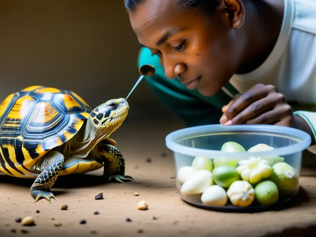 Un cuidador prepara con precisión la dieta de tortugas en cautiverio, mostrando el manejo responsable y dedicación