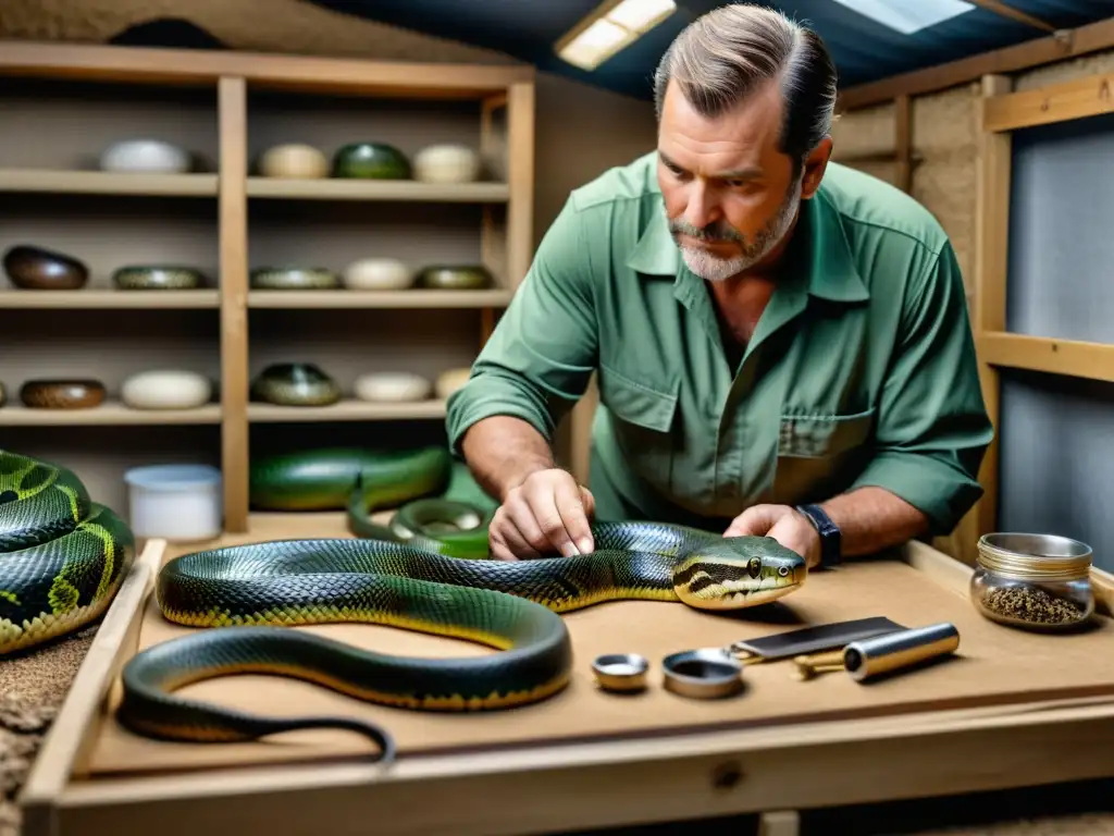 Un cuidador de reptiles examina con atención la piel mudada de una serpiente, rodeado de herramientas y equipos