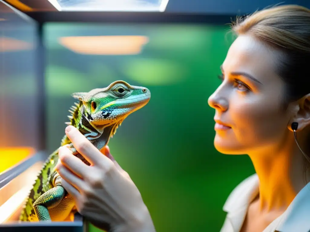 Un cuidador de reptiles verifica las condiciones de vida en cautiverio, mejorando el bienestar de los animales