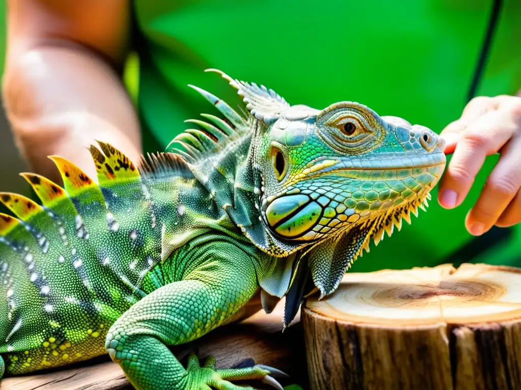 Un cuidador de reptiles examina con cuidado las escamas de una iguana verde en cautiverio