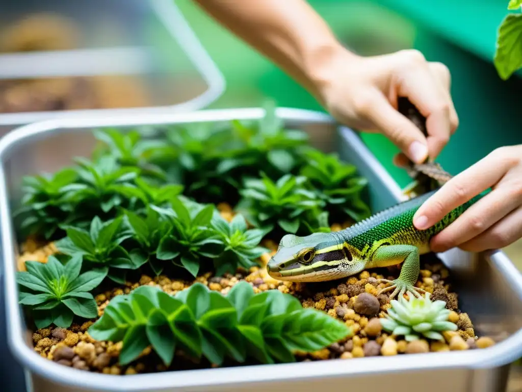 Un cuidador de reptiles prepara con esmero una variedad de alimentos vivos y verduras en un entorno natural