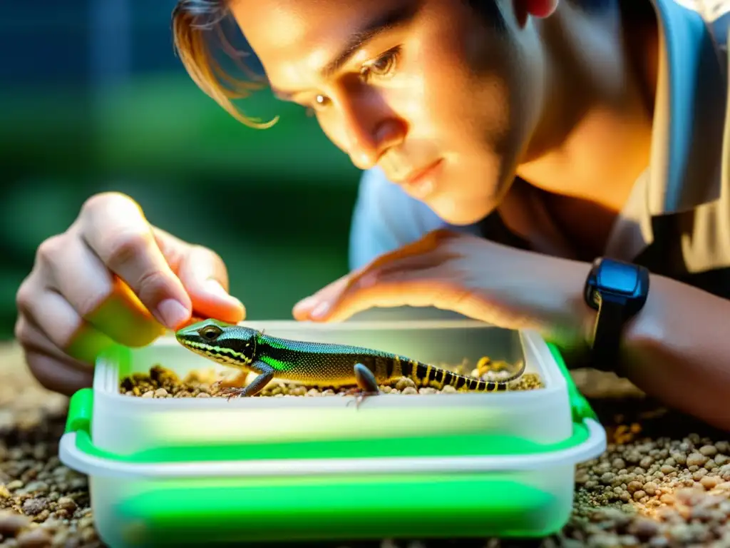 Un cuidador de reptiles inspecciona minuciosamente insectos vivos para el control de plagas en alimentación de reptiles, con atención y precisión