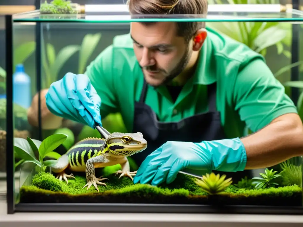 Un cuidador de reptiles limpia meticulosamente un terrario, previniendo enfermedades en un ambiente saludable para los reptiles