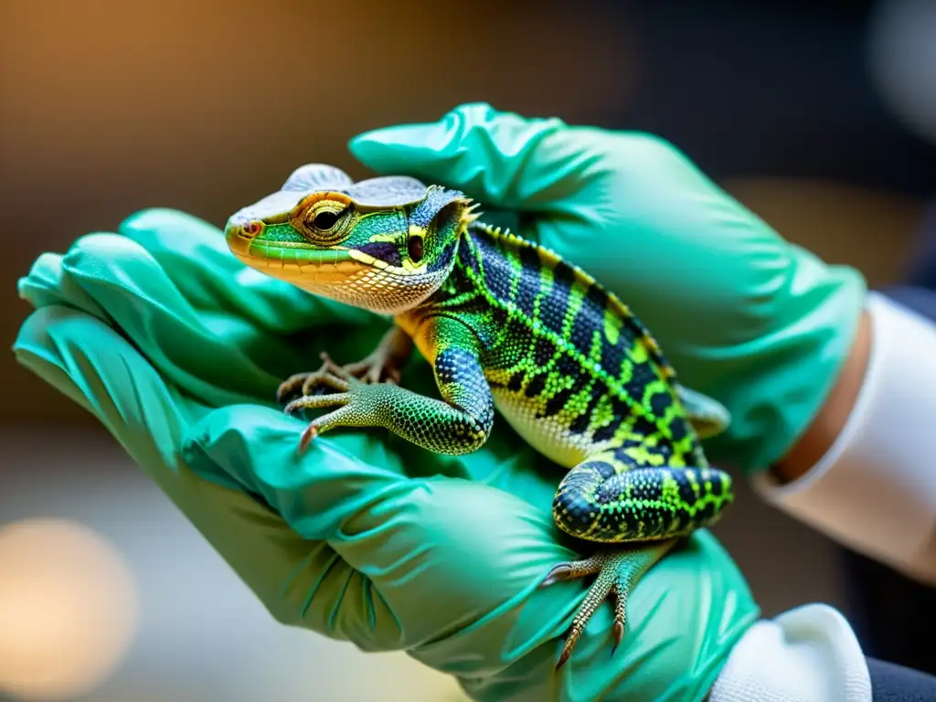 Un cuidador de reptiles examina minuciosamente a un pequeño reptil, usando guantes protectores