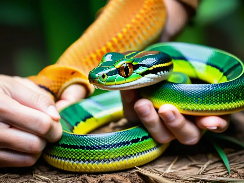 Un cuidador de reptiles interactúa con suavidad con una serpiente vibrante