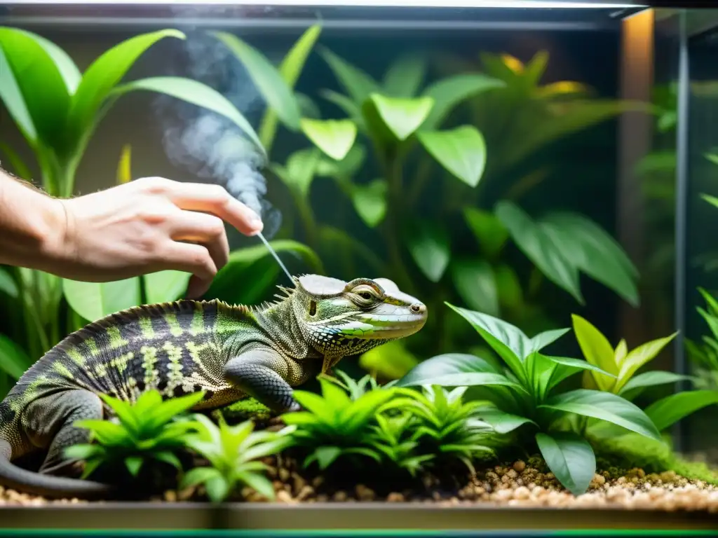 Un cuidador de reptiles ajusta la temperatura y humedad en un vivario, rodeado de especies diversas