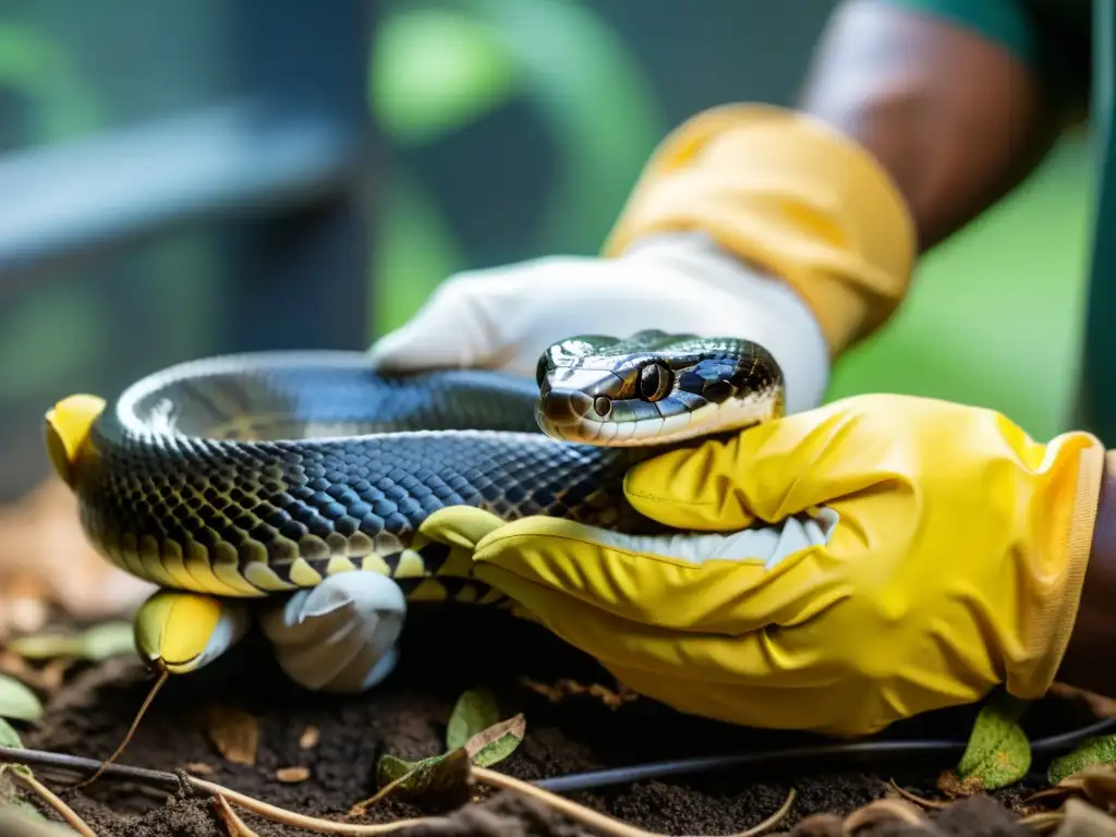 Un cuidador de reptiles venenosos manejando con cuidado una serpiente, enfocándose en la importancia de los protocolos de seguridad