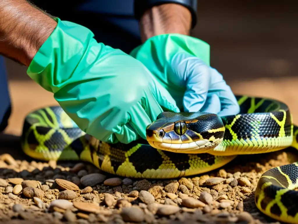 Un cuidador de reptiles venenosos, con protocolos de seguridad, manipula con cuidado una serpiente, mostrando su belleza y peligro