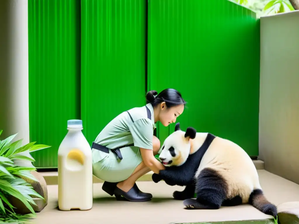 La cuidadora alimenta con biberón a un bebé panda mientras la madre vigila