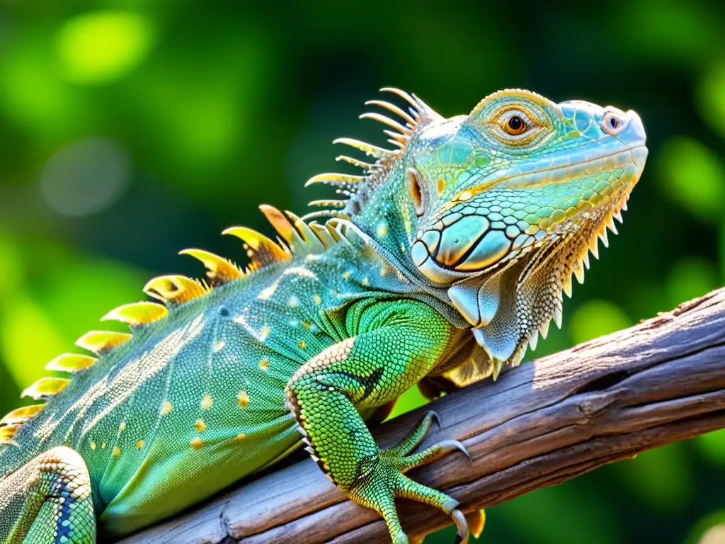 Cuidados avanzados para lagartos exóticos: Retrato detallado de una iguana verde en su hábitat natural, con escamas y ojos hipnóticos