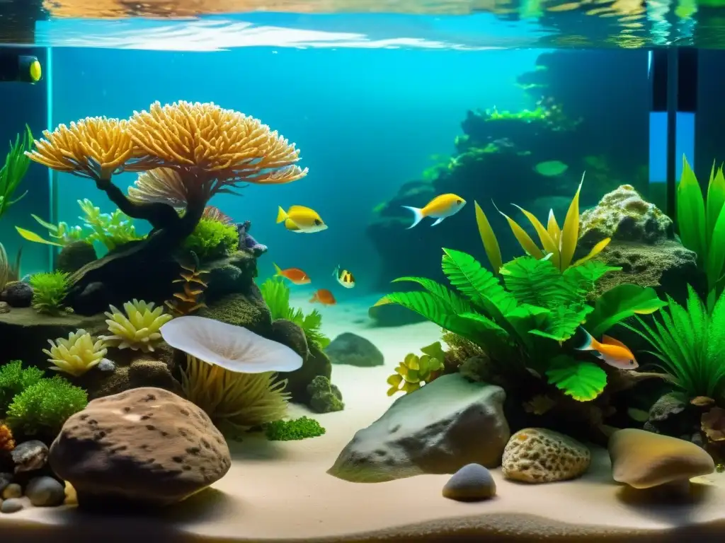 Cuidados para mantener saludable tritón: Imagen detallada de un acuario bien cuidado con tritón, plantas vivas y ambiente natural