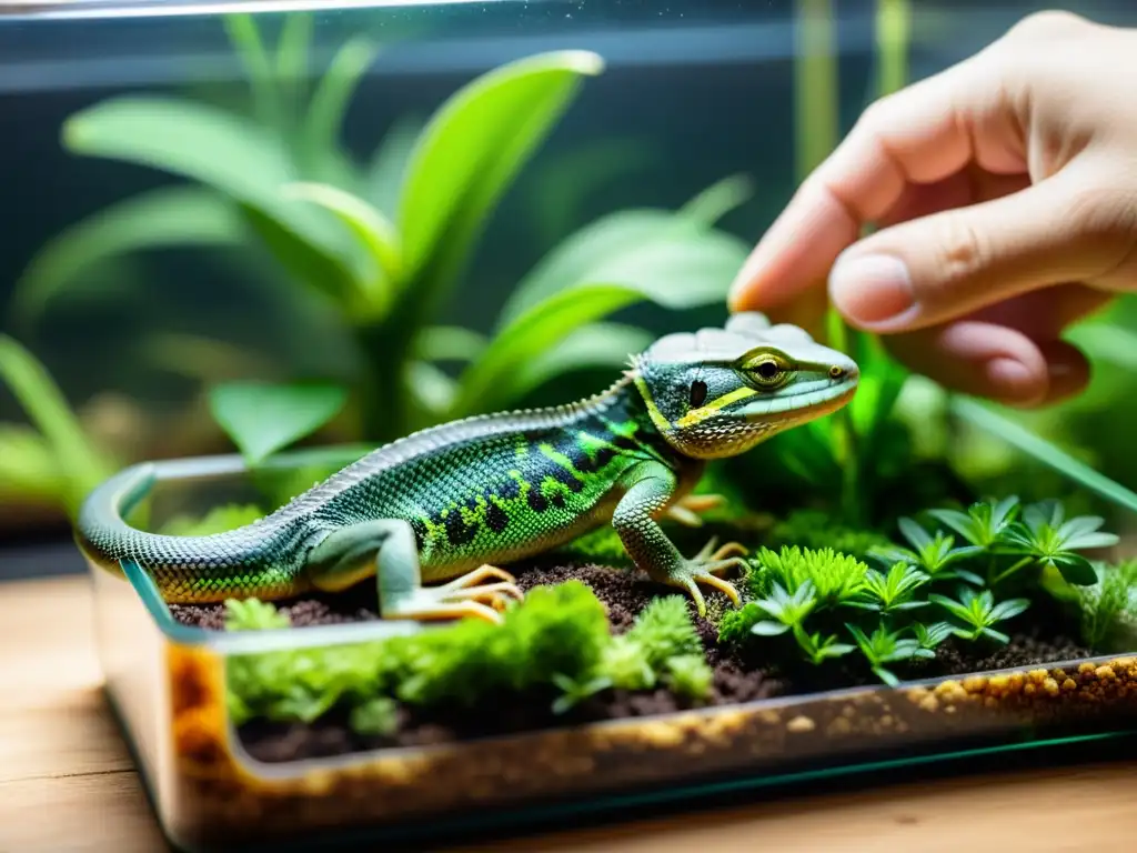 Un cuidadoso dueño de reptiles prepara una dieta especial para su mascota en un terrario bien mantenido