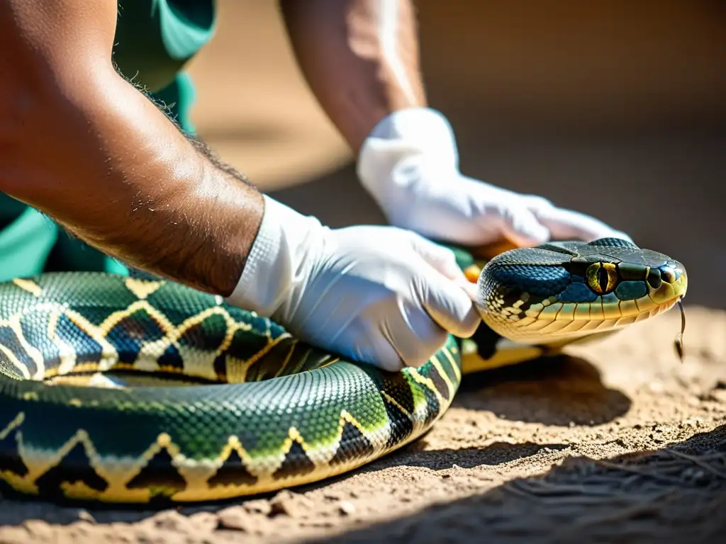 Un cuidadoso manejo aplica primeros auxilios a la pata herida de una serpiente, destacando la delicadeza y pericia