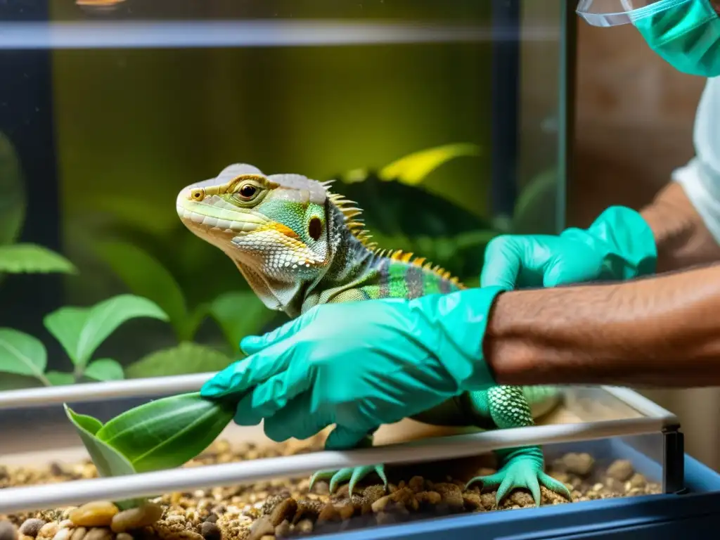 Un cuidadoso propietario de reptiles en España alimenta y cuida a sus animales en un entorno inspirado en su hábitat natural