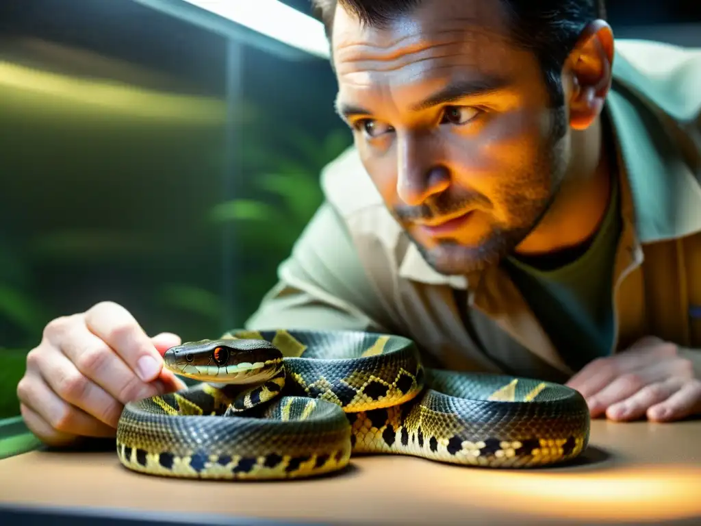 Curador de reptiles en zoológico examinando cuidadosamente a una serpiente venenosa