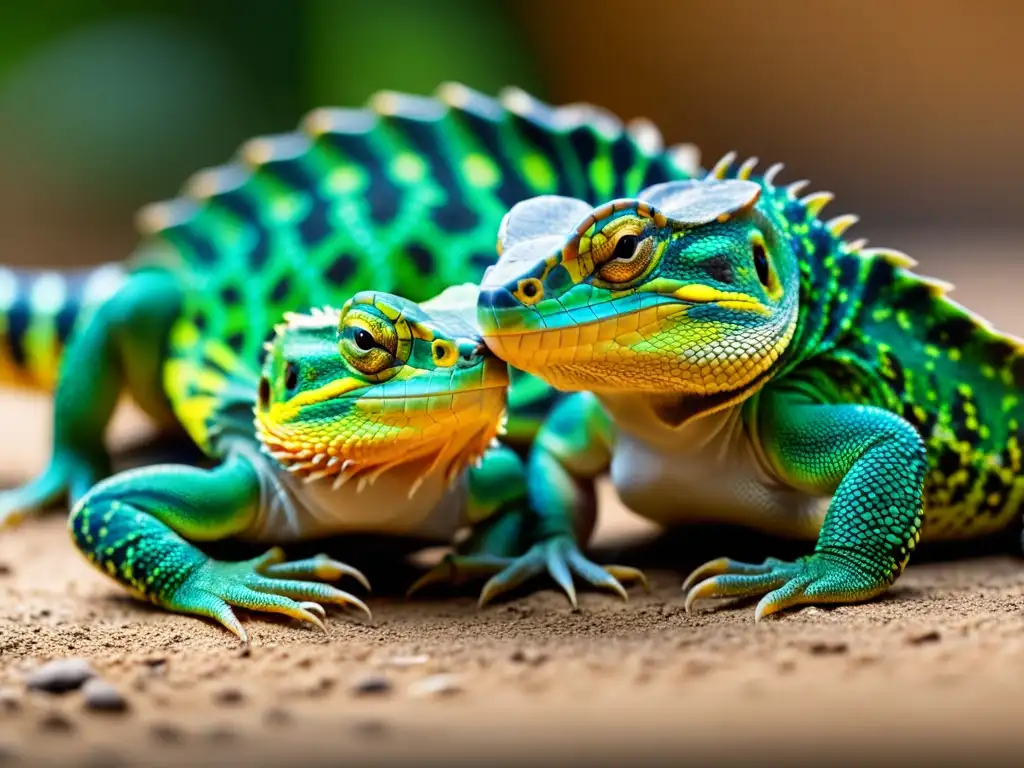 Danza nupcial de reptiles: dos reptiles en un delicado ritual de apareamiento, exhibiendo patrones y colores vibrantes en sus escamas